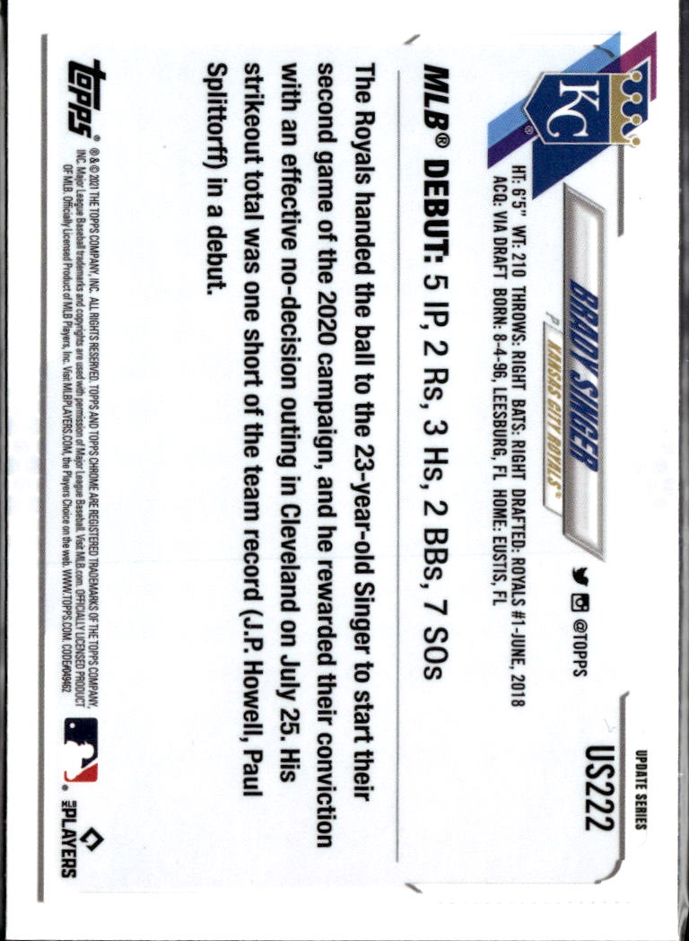 Brady Singer 2021 Topps Chrome Update Series RC Sapphire Kansas City Royals