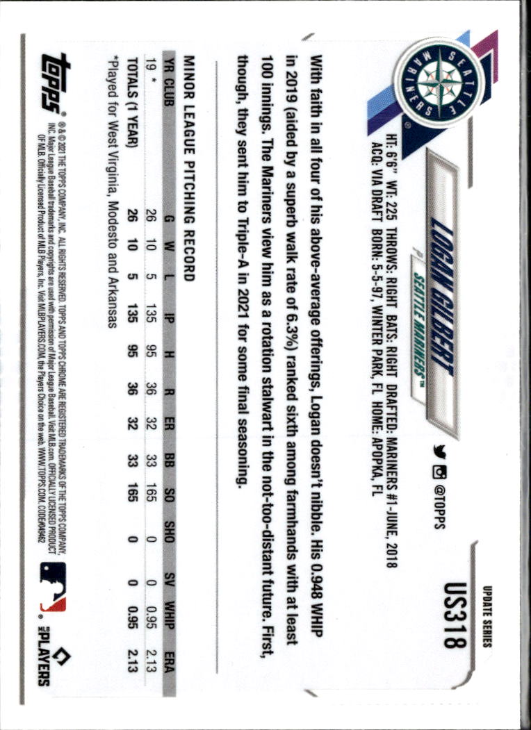 Logan Gilbert 2021 Topps Chrome Sapphire Update Series RC Blue Seattle Mariners