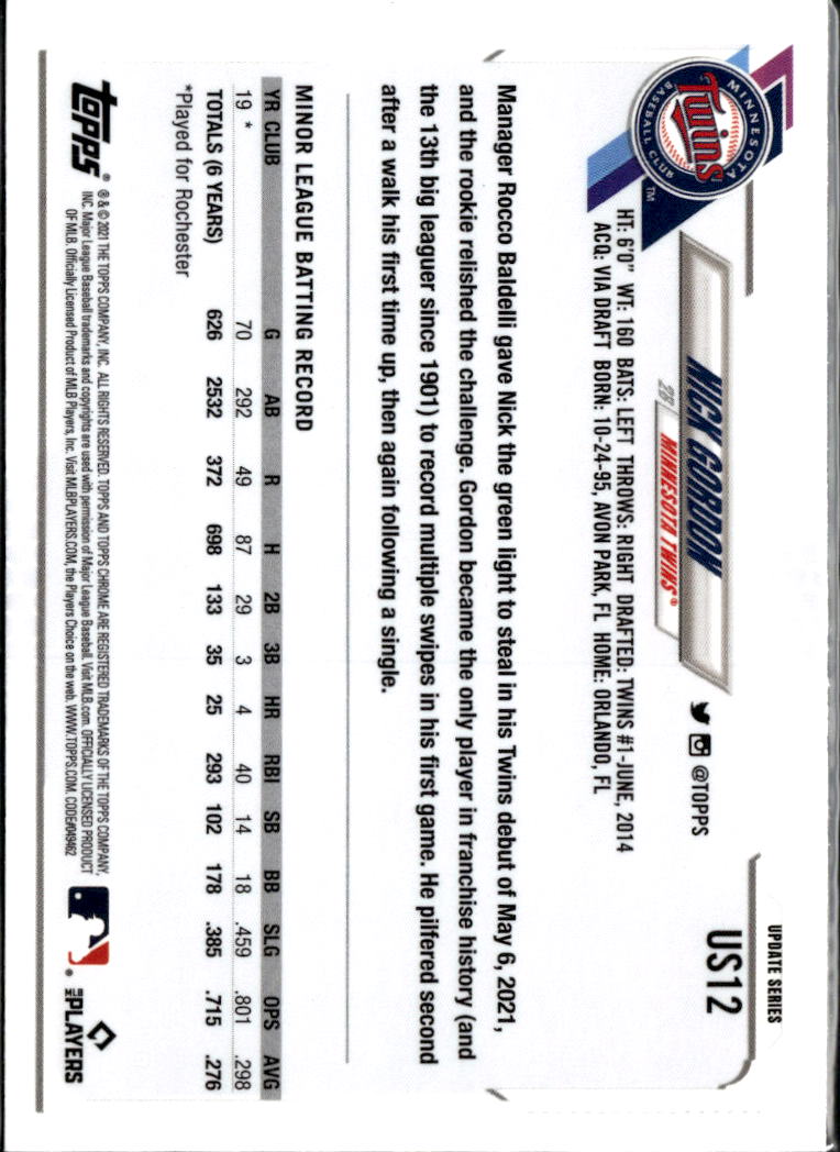 Nick Gordon 2021 Topps Chrome Update Sapphire Edition RC Blue Minnesota Twins