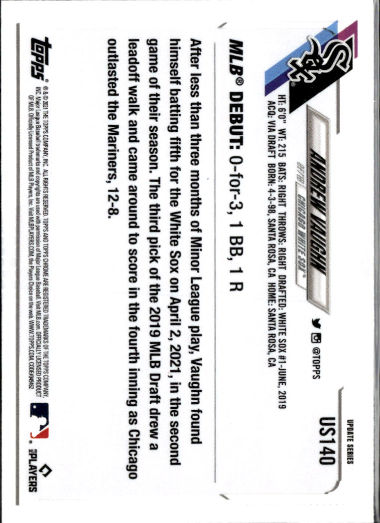 Andrew Vaughn 2021 Topps Chrome Sapphire Update Series RC Chicago White Sox