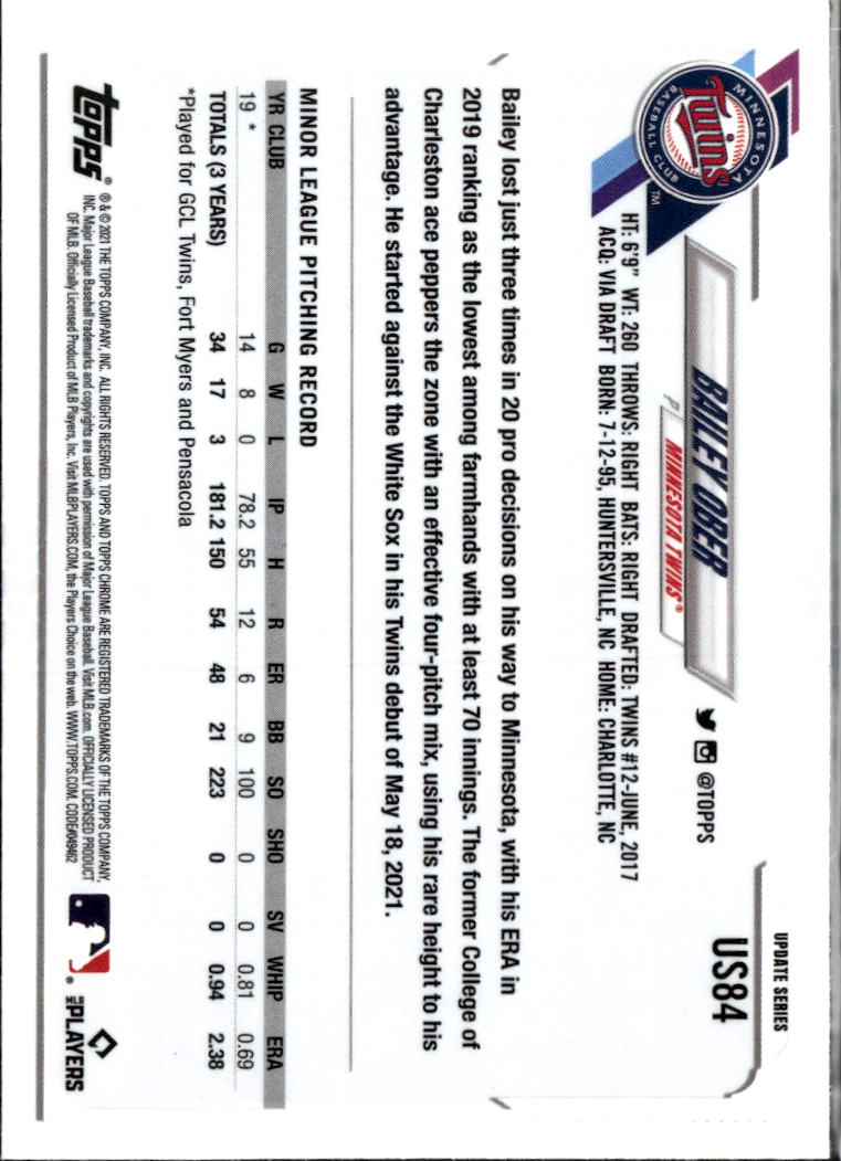 Bailey Ober 2021 Topps Chrome Update Sapphire Edition RC Minnesota Twins