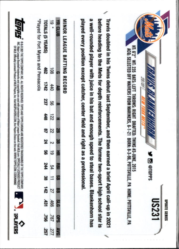 Travis Blankenhorn 2021 Topps Chrome Sapphire Refractor RC New York Mets