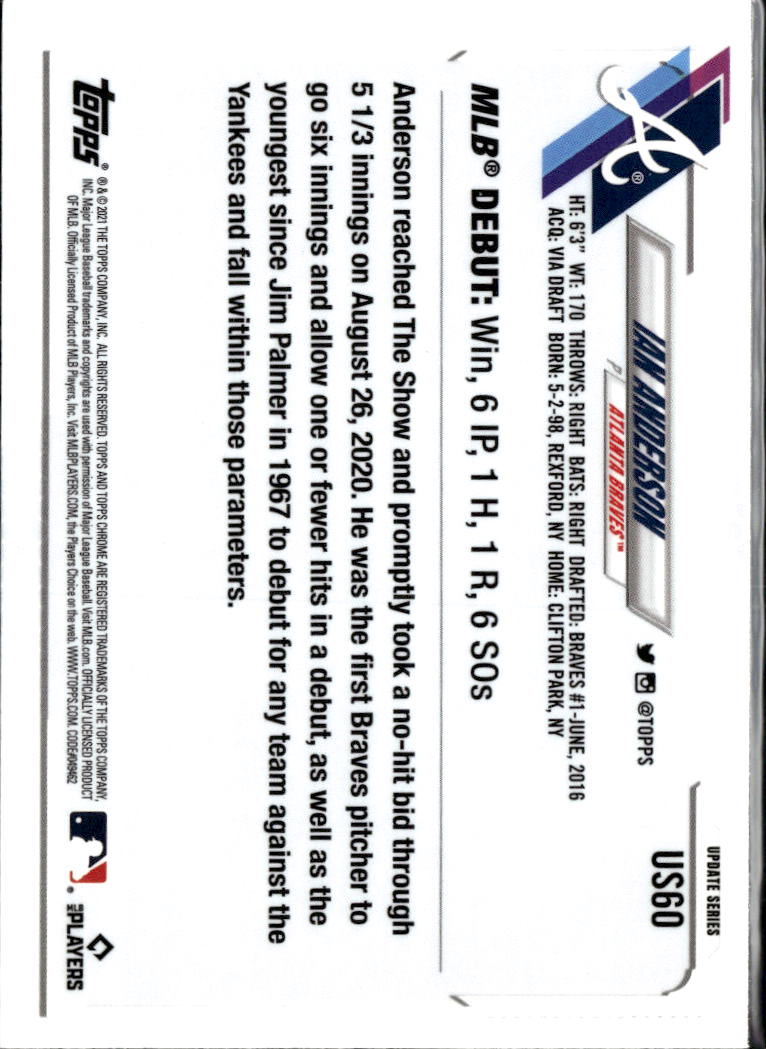 Ian Anderson 2021 Topps Chrome Blue Sapphire Refractor RC Atlanta Braves