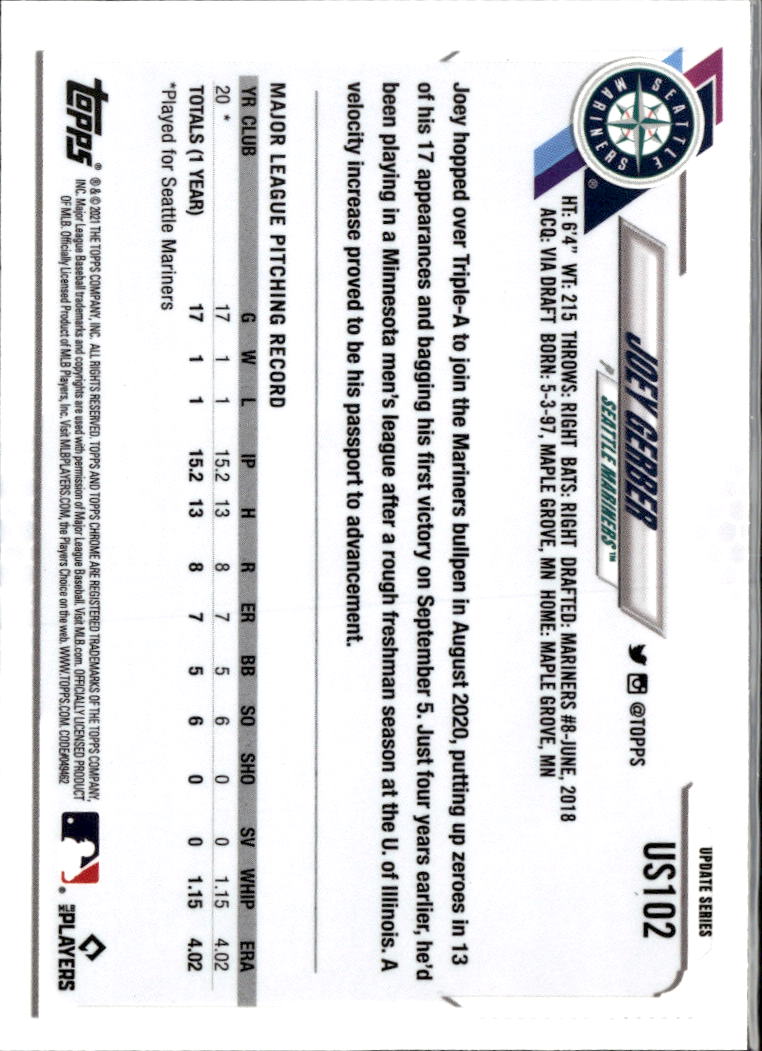 Joey Gerber 2021 Topps Chrome Update Sapphire Edition RC Blue Seattle Mariners