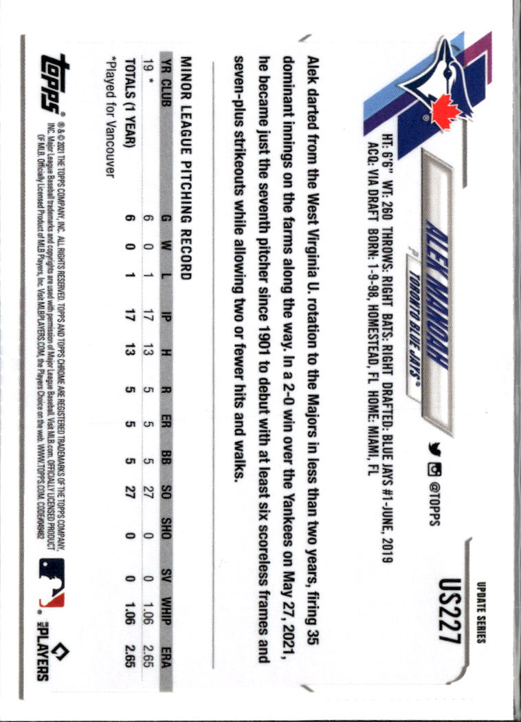 Alek Manoah 2021 Topps Chrome Update Sapphire Edition RC Toronto Blue Jays