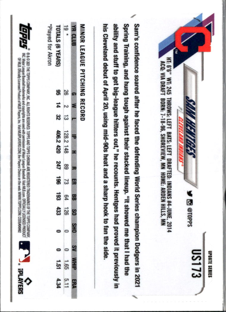 Sam Hentges 2021 Topps Chrome RC Blue Sapphire Refractor Cleveland Indians