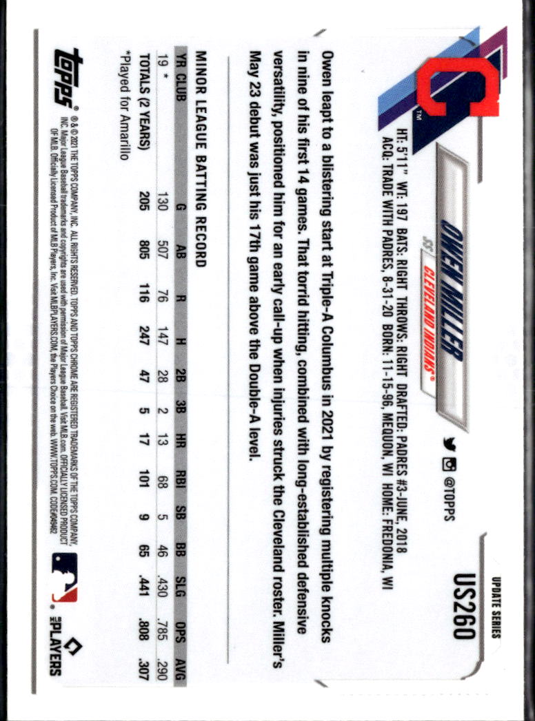 Owen Miller 2021 Topps Chrome Update RC Sapphire Cleveland Indians