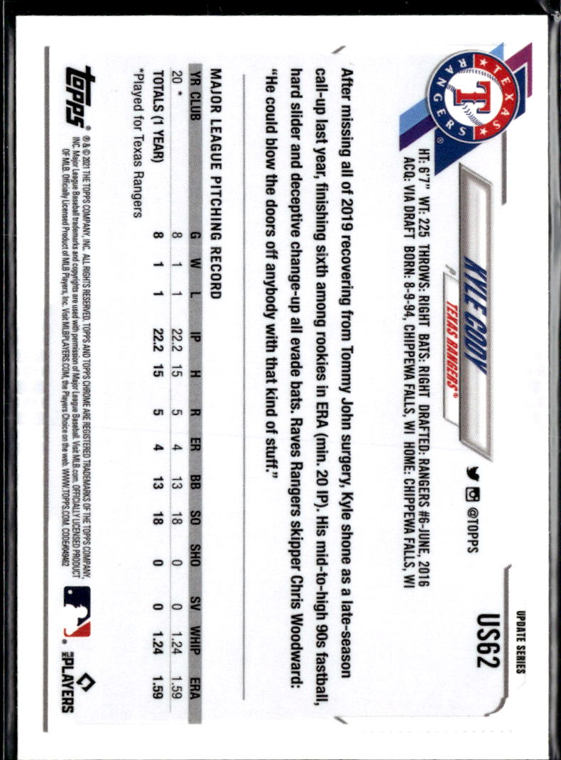 Kyle Cody 2021 Topps Chrome Sapphire Update Series RC Blue Texas Rangers