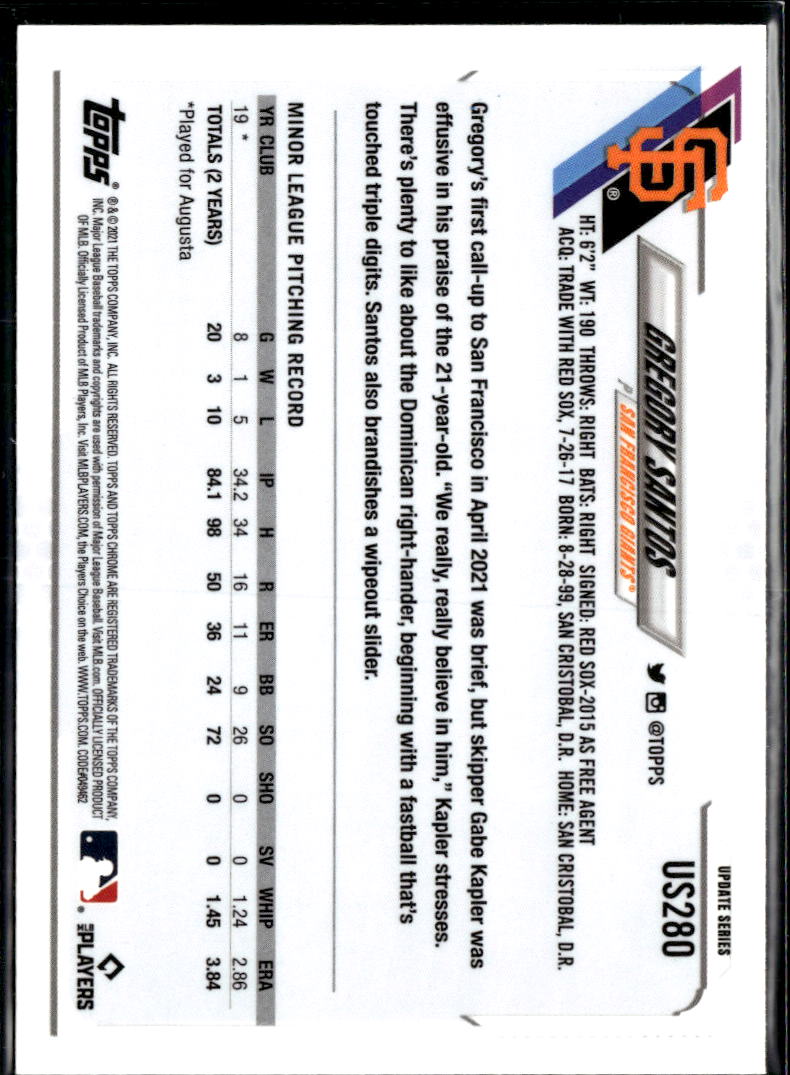 Gregory Santos 2021 Topps Chrome Update Sapphire Edition RC San Francisco Giants