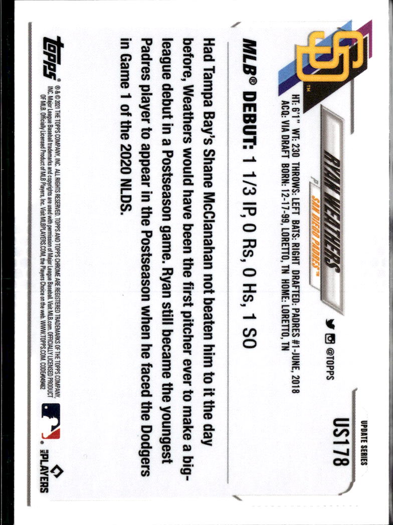 Ryan Weathers 2021 Topps Chrome Sapphire Update RC San Diego Padres