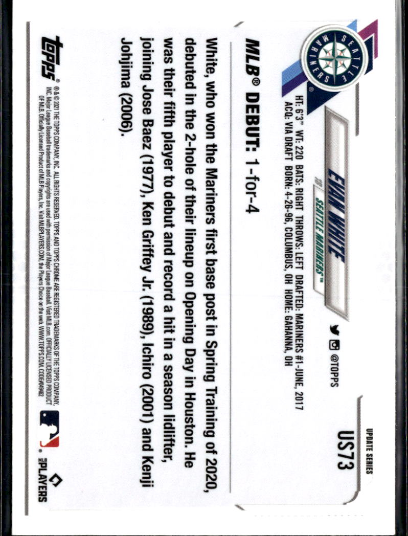 Evan White 2021 Topps Chrome Update Sapphire Edition RC Blue Seattle Mariners