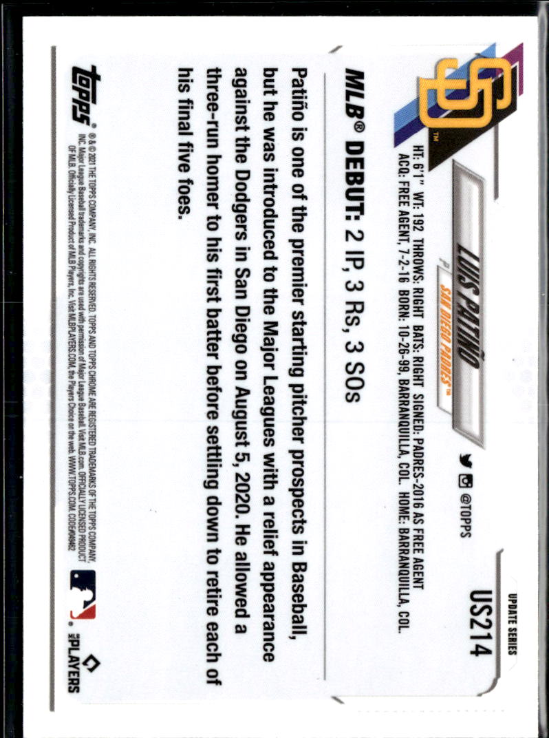 Luis Patiño 2021 Topps Chrome Update Series RC Blue Sapphire San Diego Padres