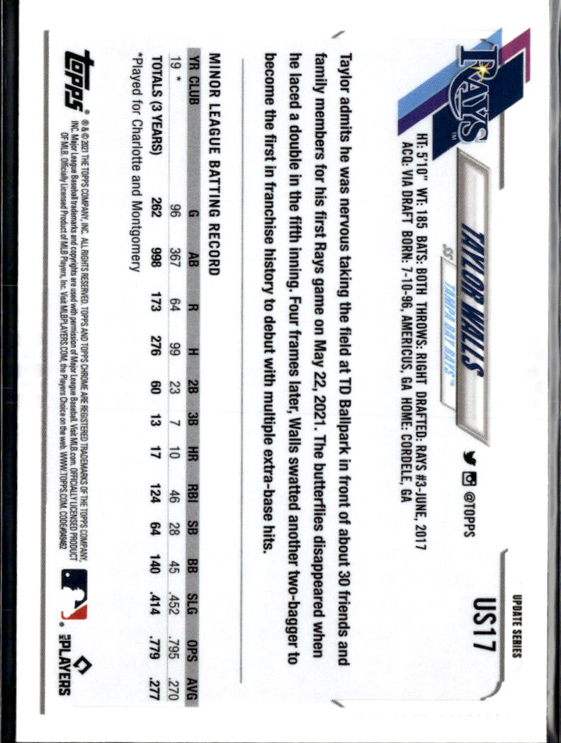 Taylor Walls 2021 Topps Chrome Update Series RC Blue Sapphire Tampa Bay Rays