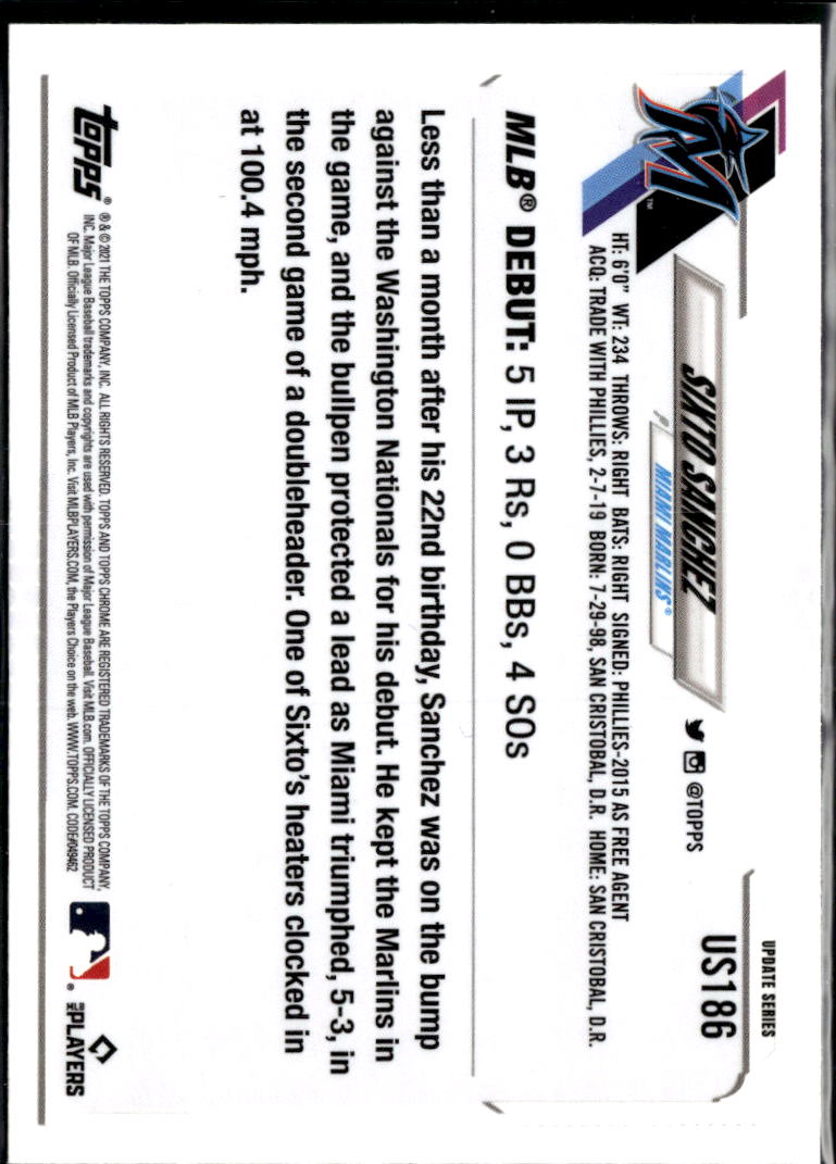 Sixto Sanchez 2021 Topps Chrome Update Series Sapphire RC Blue Miami Marlins