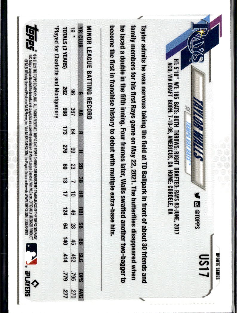 Taylor Walls 2021 Topps Chrome Sapphire Edition RC Tampa Bay Rays