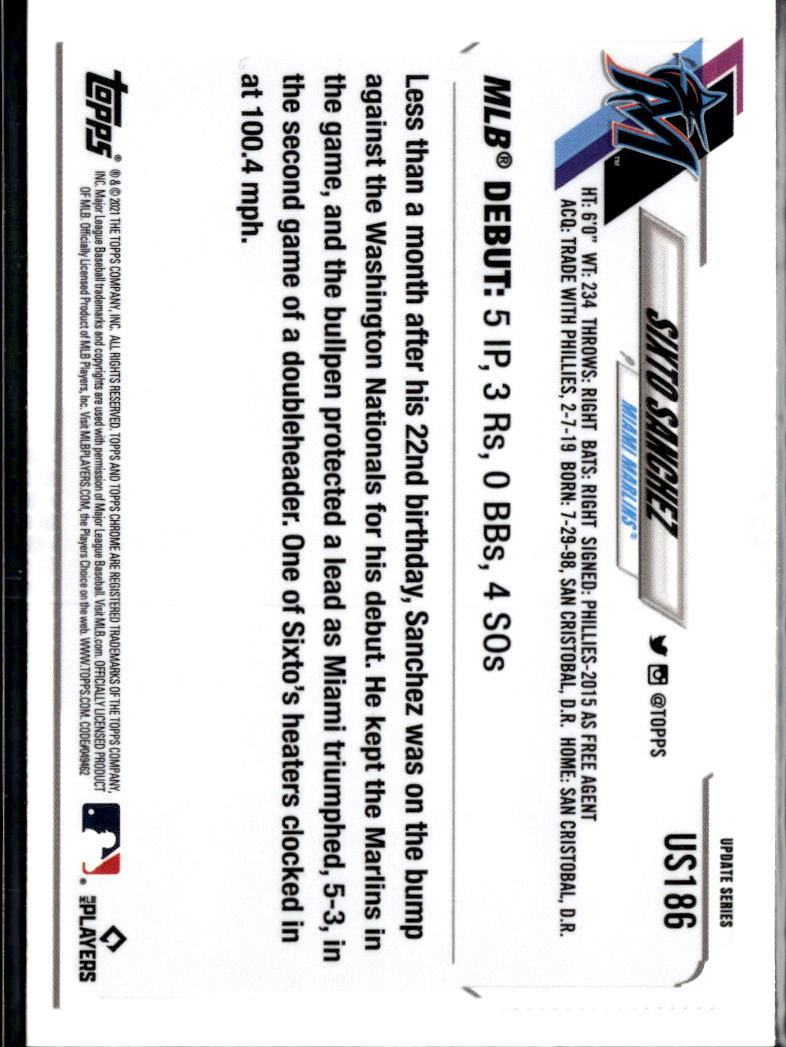 Sixto Sanchez 2021 Topps Chrome RC Blue Sapphire Refractor Miami Marlins