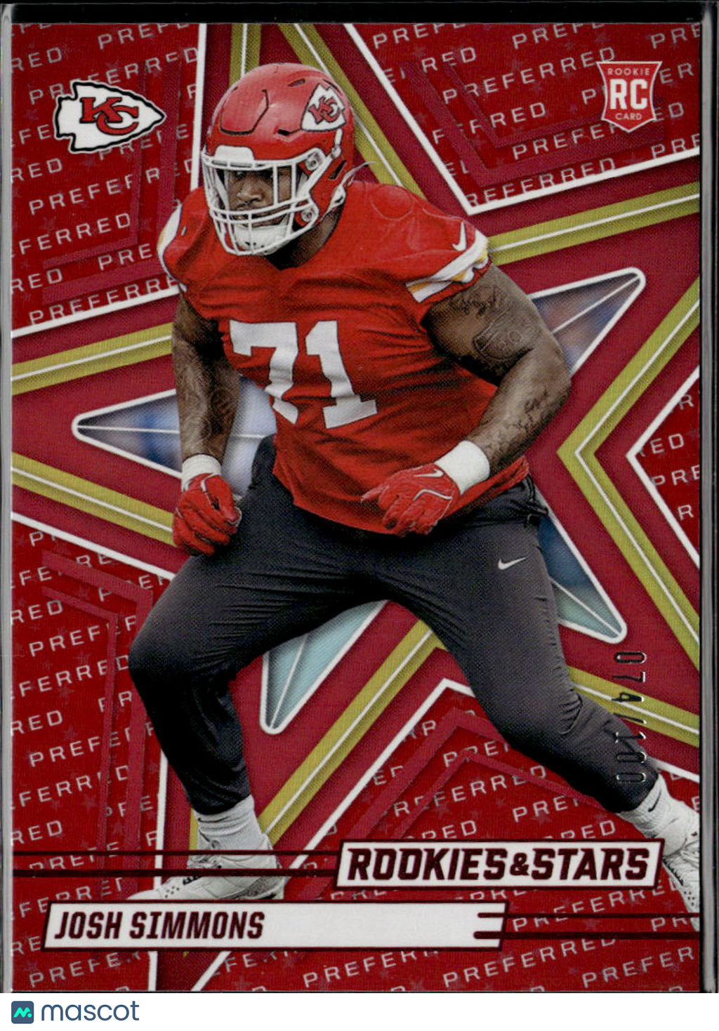 Josh Simmons 2025 Rookies & Stars RC Rookie Red /100 Kansas City Chiefs