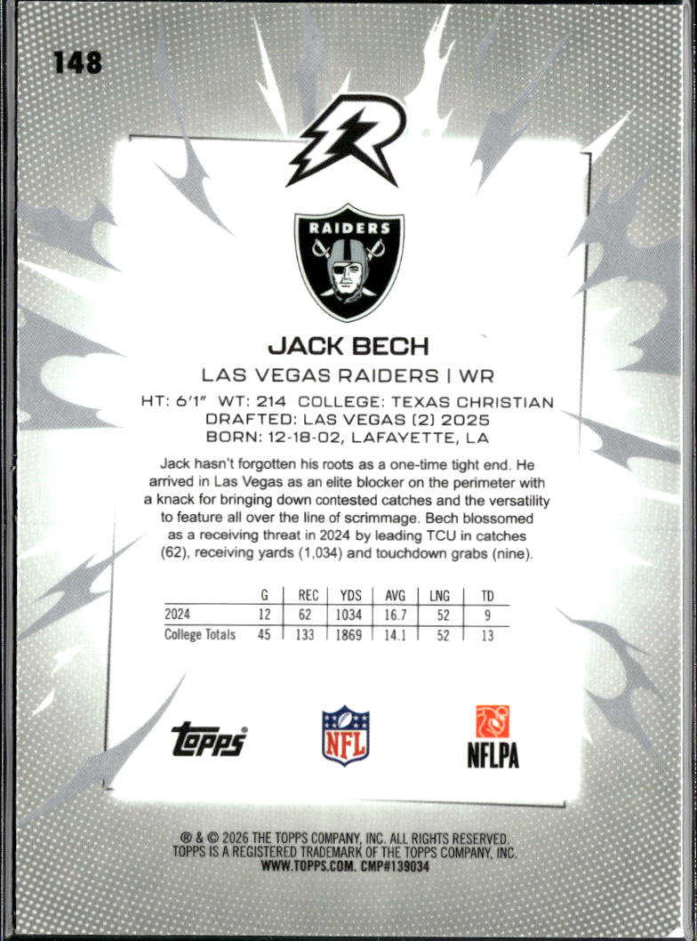 Jack Bech 2026 Topps Resurgence White Rookie RC /125 Las Vegas Raiders