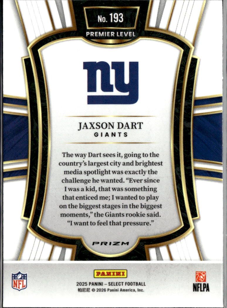 Jaxson Dart 2025 Select Red White Blue Rookie RC New York Giants