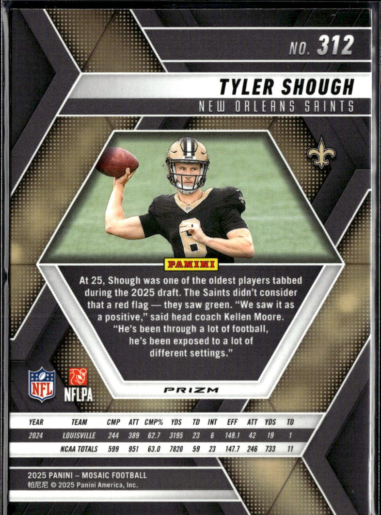 Tyler Shough 2025 Mosaic Yellow Reactive Rookie RC New Orleans Saints