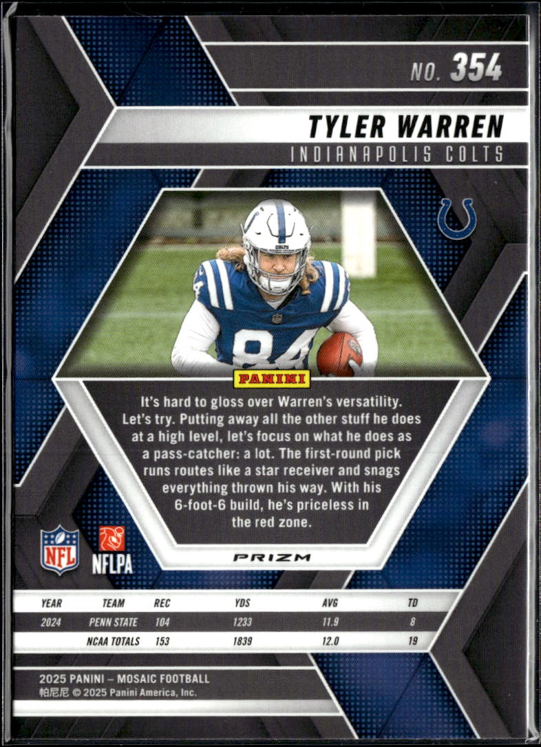Tyler Warren 2025 Mosaic RC Yellow Rookie Indianapolis Colts
