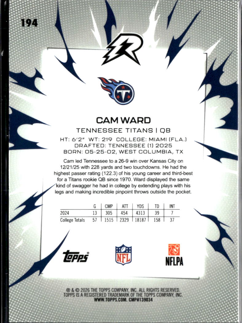 Cam Ward 2026 Topps Resurgence Pink Blue Rookie RC Tennessee Titans