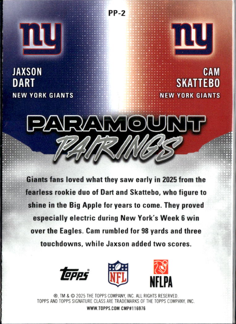 Jaxson Dart / Cam Skattebo 2025 Topps Signature Class Pairings RC Giants