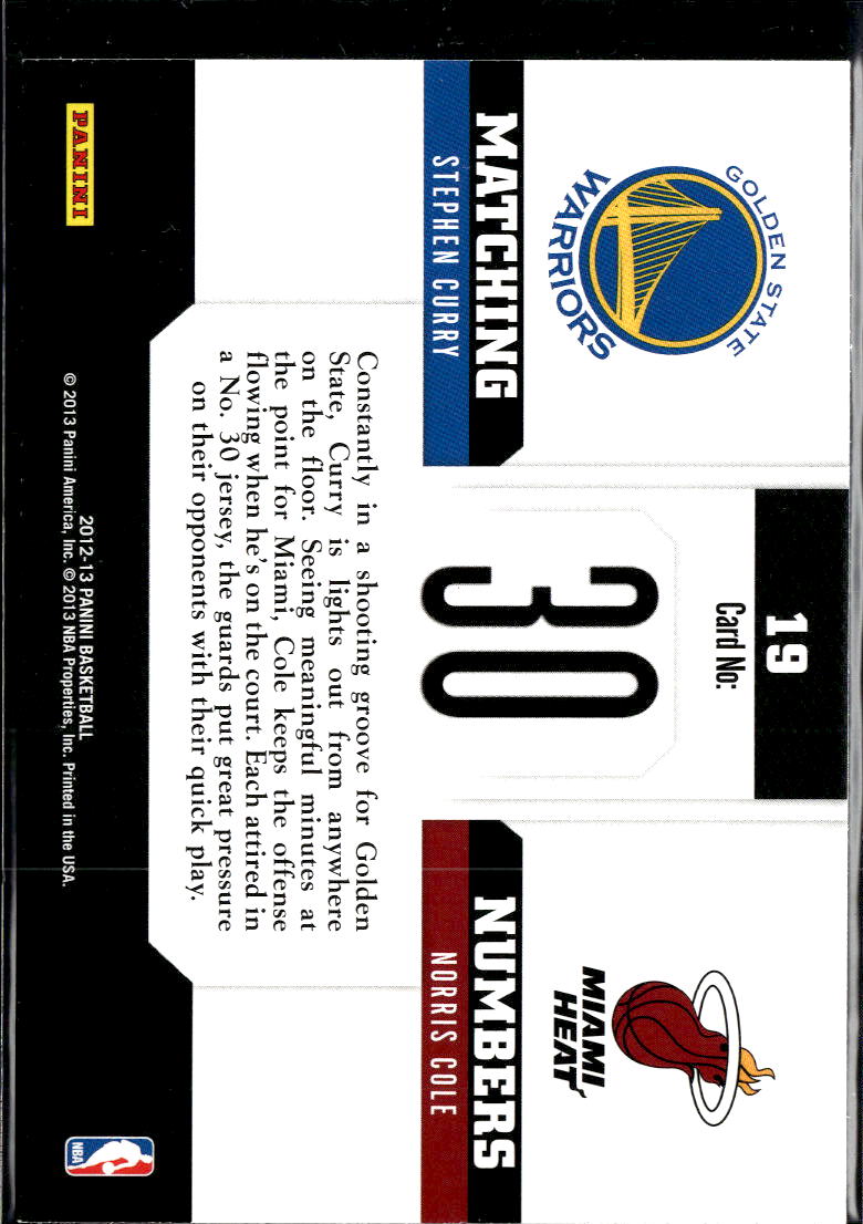 Norris Cole Stephen Curry 2013 Panini Matching Numbers Golden State Warriors