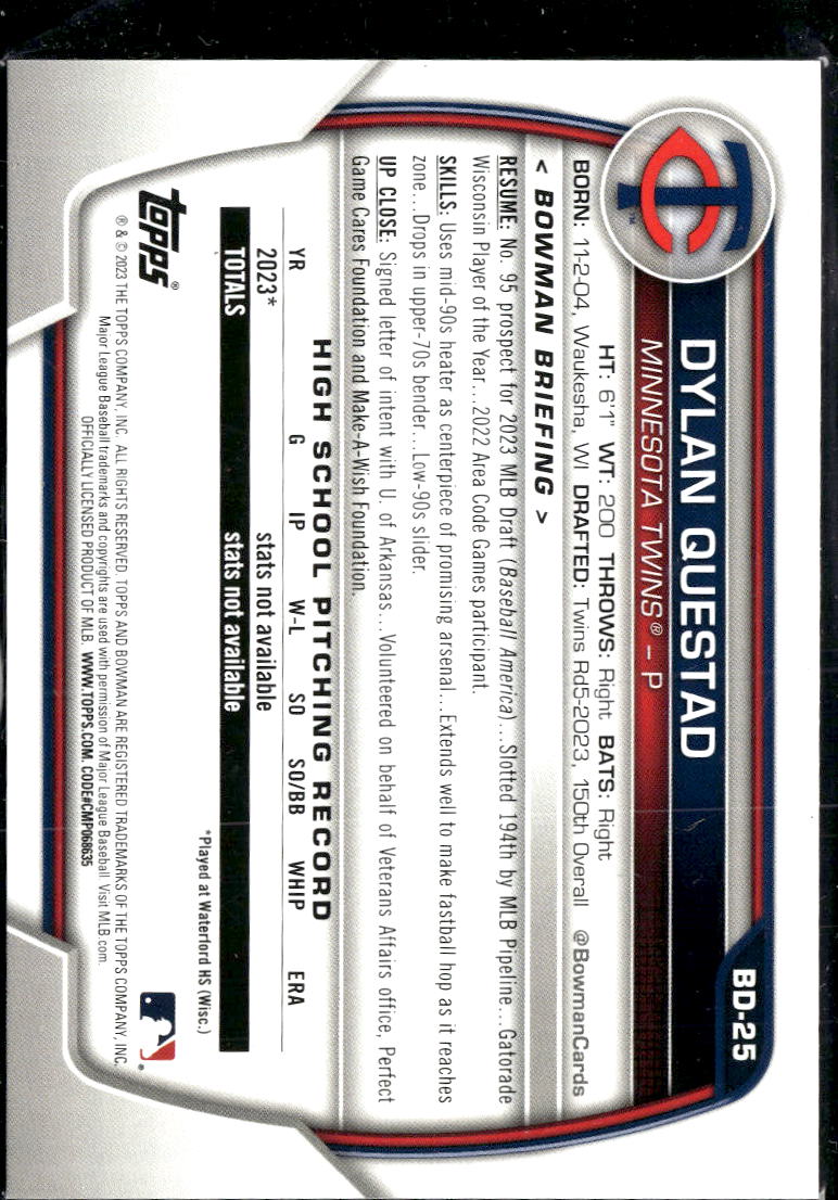 Dylan Questad 2023 Bowman Draft 1st Gold /50 Minnesota Twins