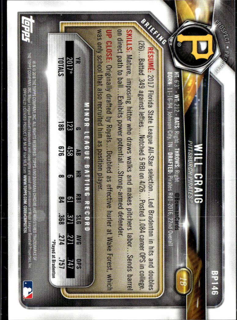 Will Craig 2018 Bowman Gold Prospect 8/50 Pittsburgh Pirates