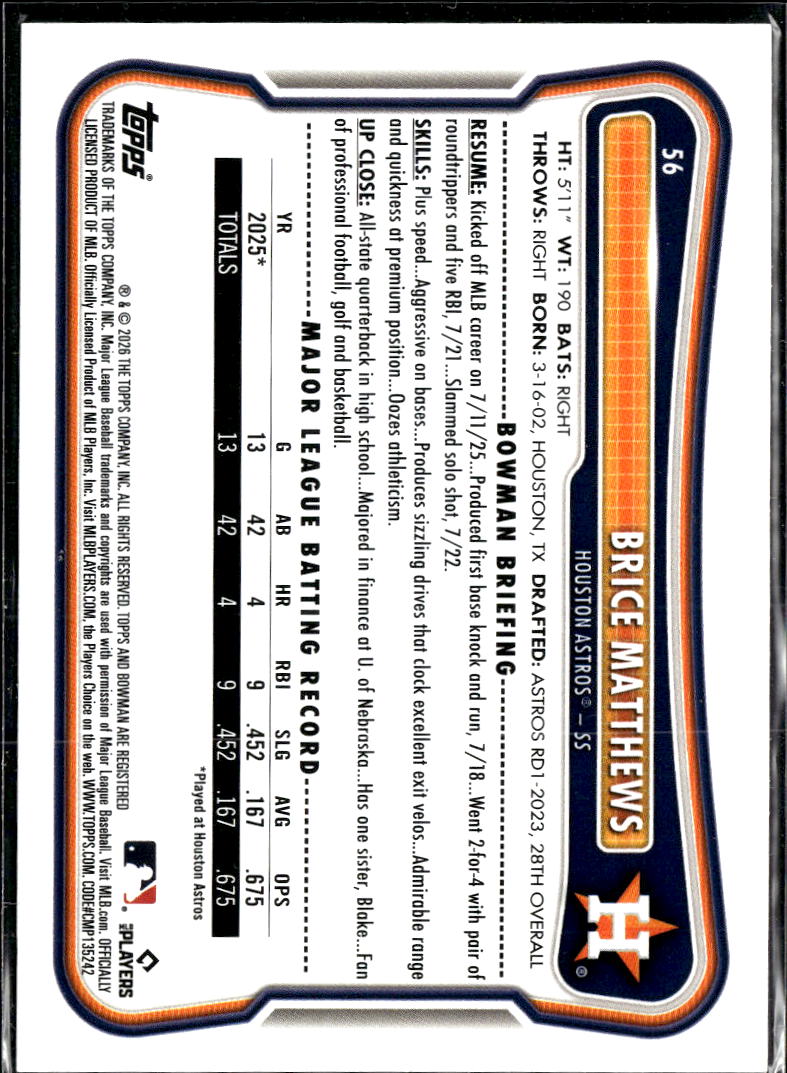 Brice Matthews 2026 Bowman RC Rookie Yellow /75 Houston Astros