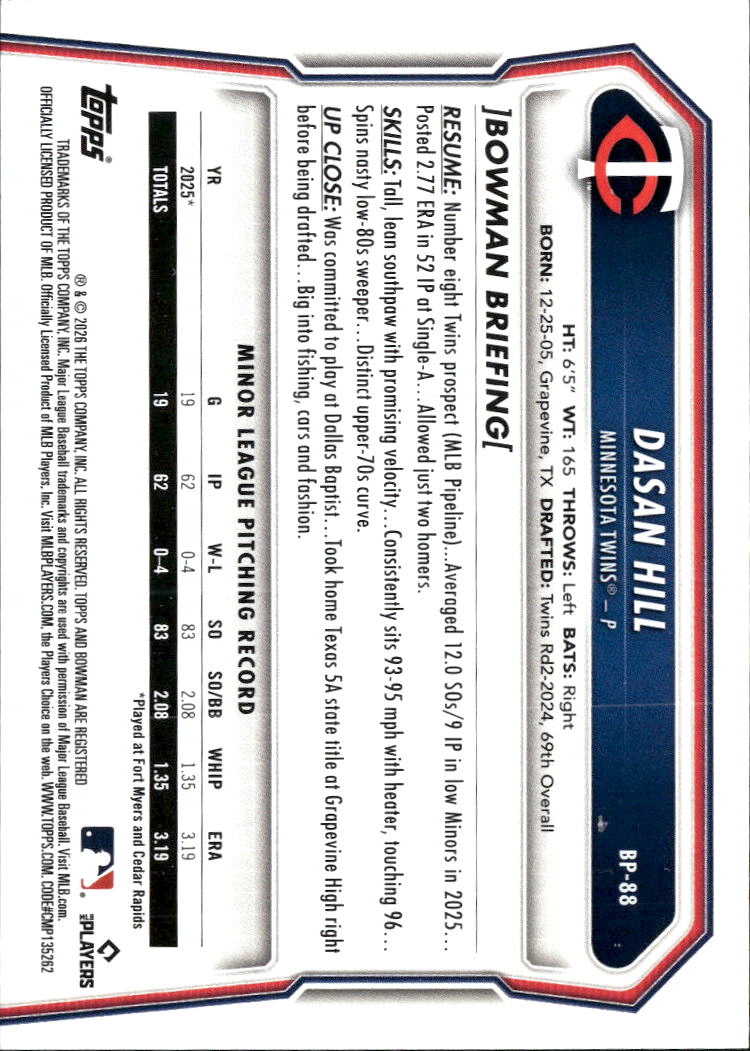 Dasan Hill 2026 Bowman 1st Yellow Parallel /75 Minnesota Twins