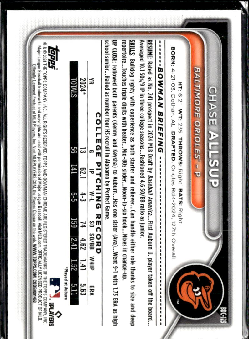 Chase Allsup 2024 Bowman Chrome Yellow Sapphire 60/75 Baltimore Orioles