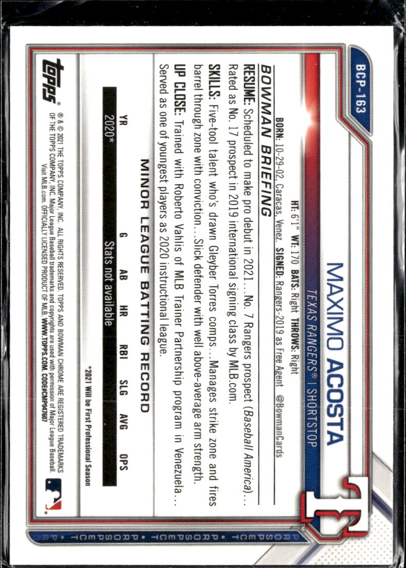 Maximo Acosta 2021 Bowman Chrome Mini Diamond Texas Rangers