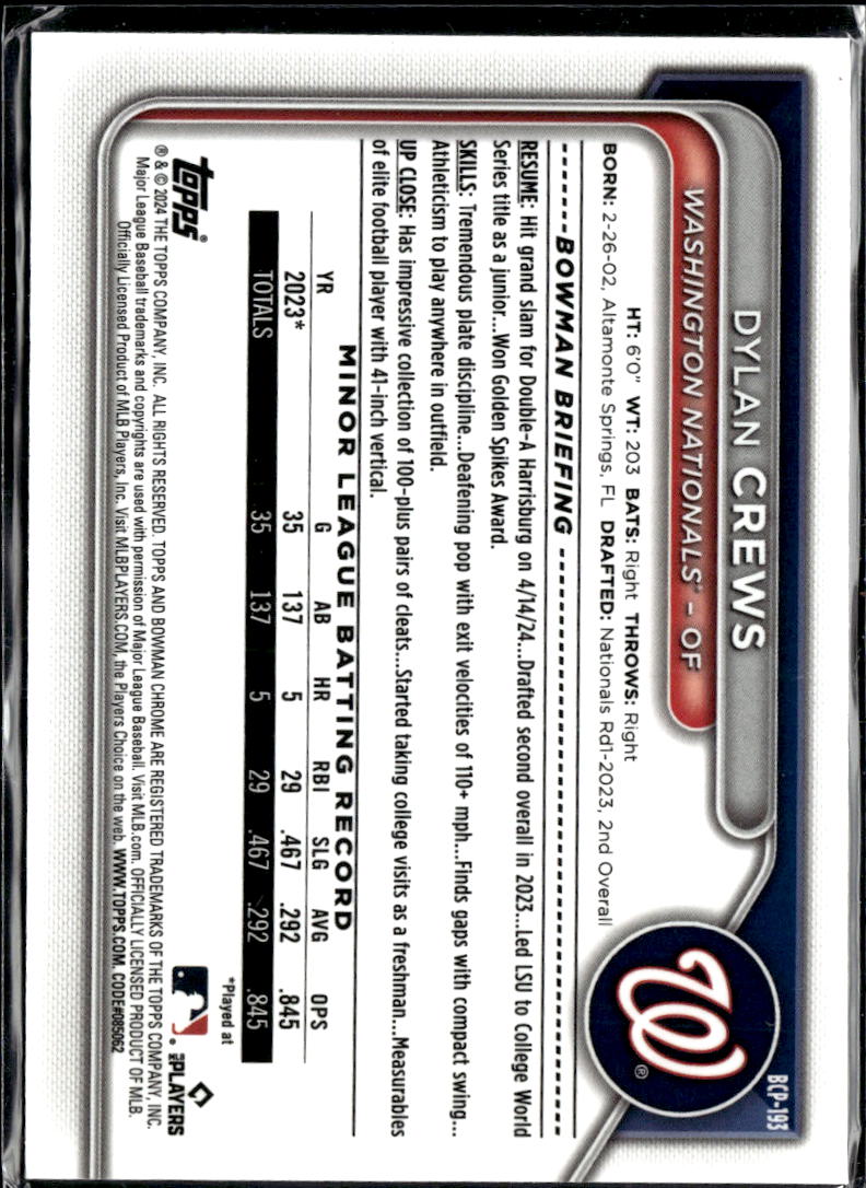 Dylan Crews 2024 Bowman Chrome Speckle Refractor /299 Washington Nationals