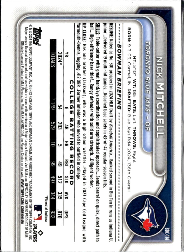 Nick Mitchell 2024 Bowman Chrome 1st Speckle Refractor /200 Toronto Blue Jays