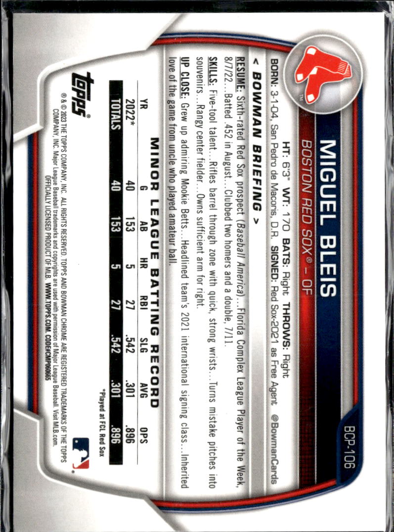 Miguel Bleis 2023 Bowman Chrome Lava Refractor /399 Boston Red Sox