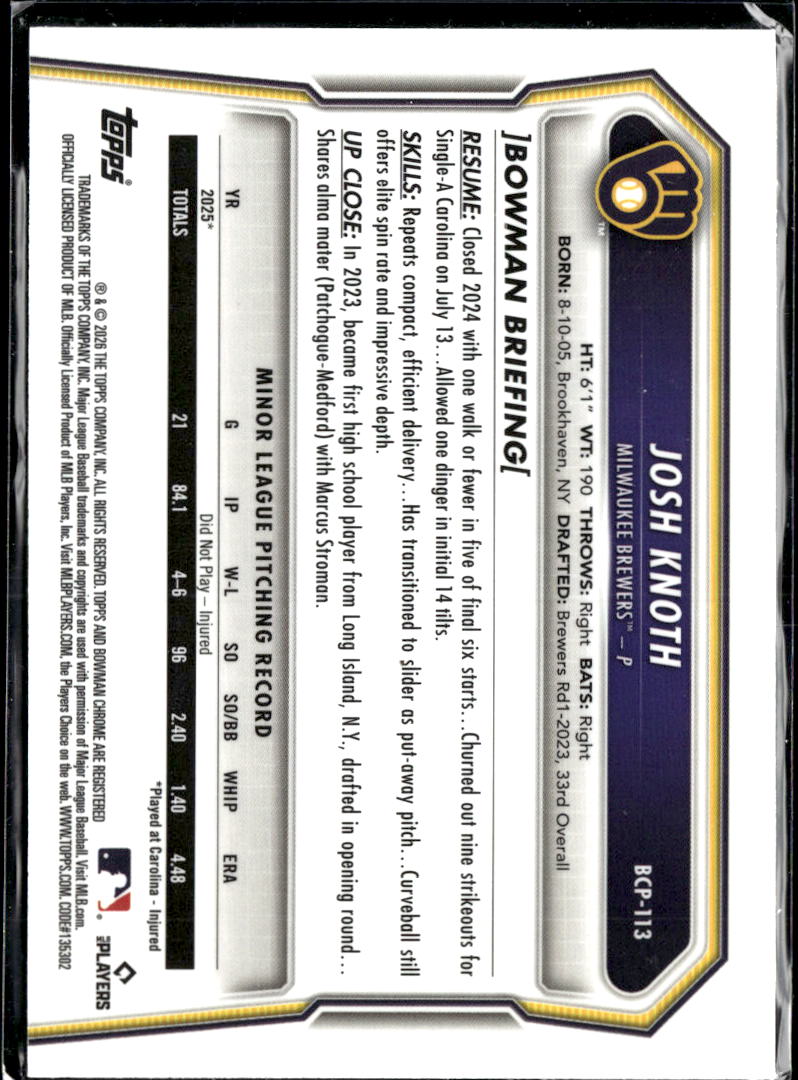 Josh Knoth 2026 Bowman Chrome Raywave Lava /399 Milwaukee Brewers