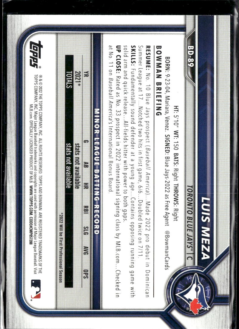 Luis Meza 2022 Bowman Draft Blue /150 Toronto Blue Jays