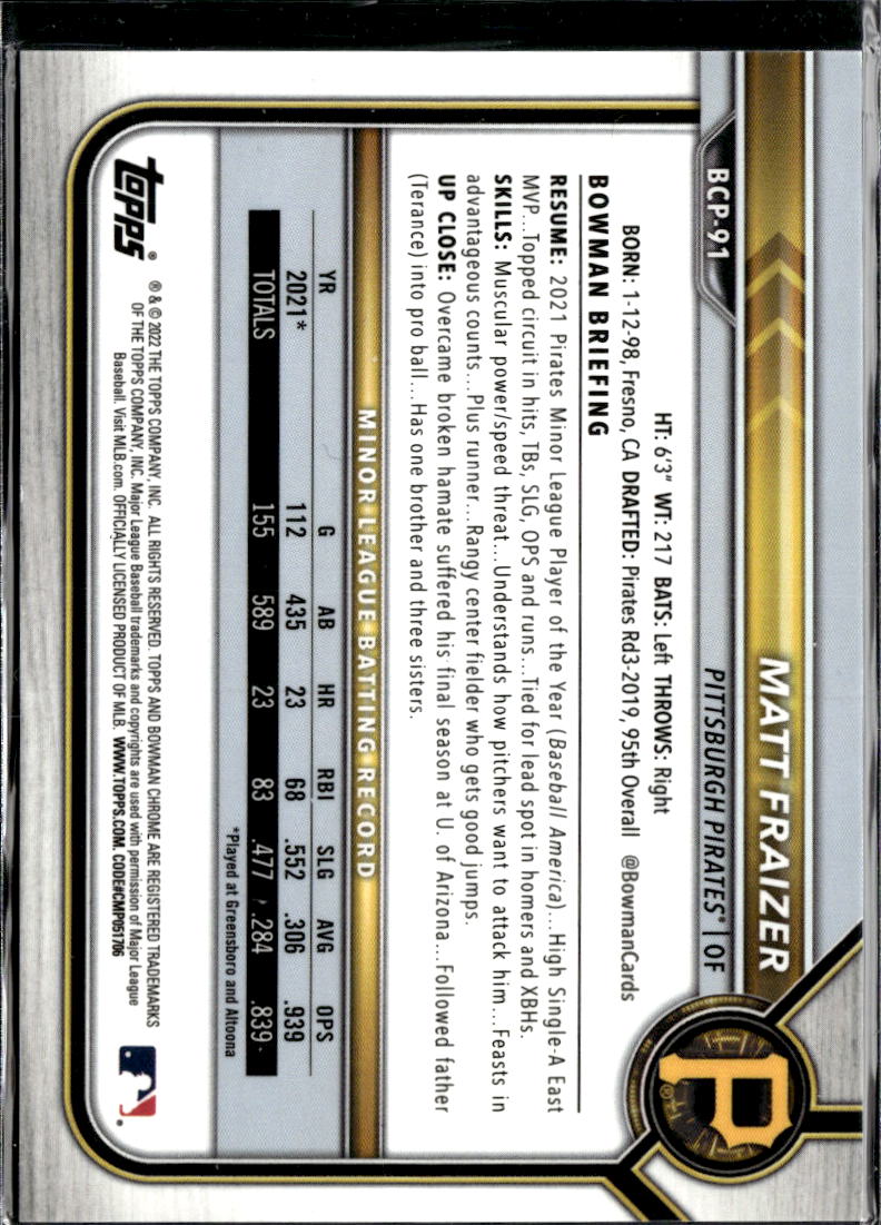 Matt Fraizer 2022 Bowman Chrome Blue Refractor /150 Pittsburgh Pirates