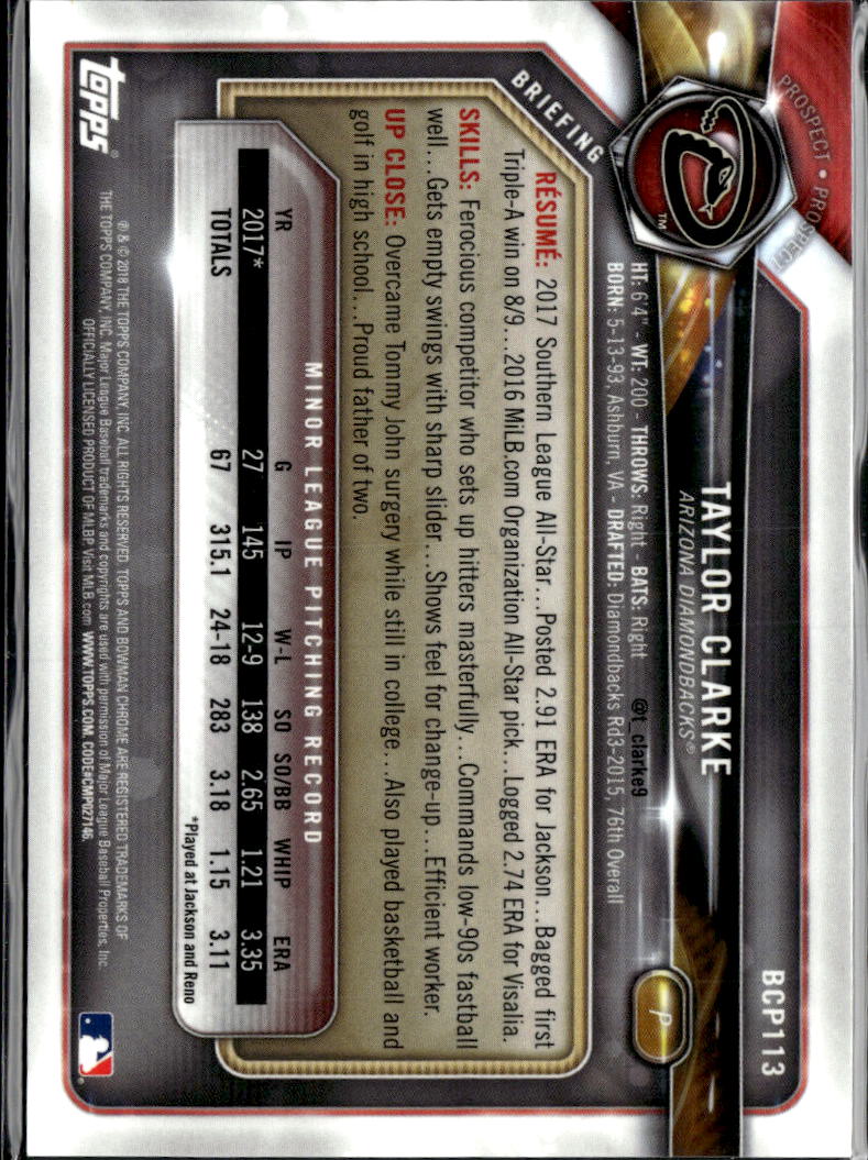 Taylor Clarke 2018 Bowman Chrome Blue Refractor /150 Arizona Diamondbacks