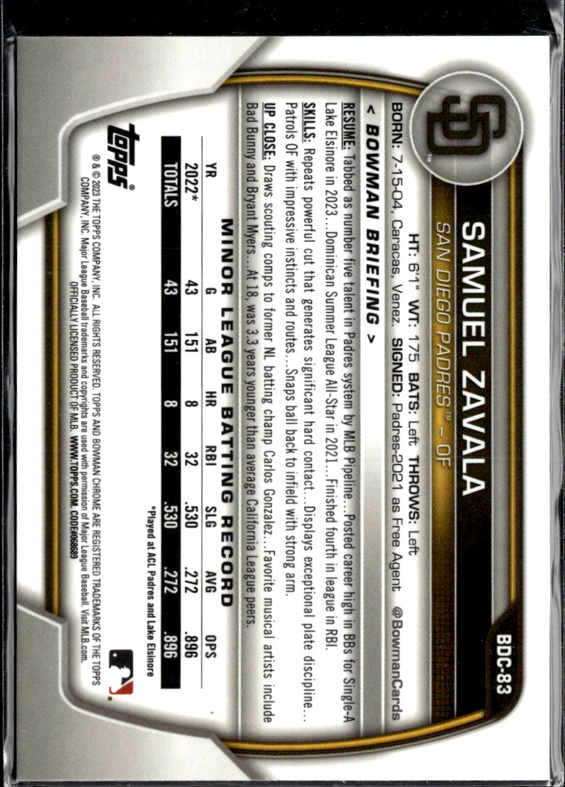 Samuel Zavala 2023 Bowman Chrome Blue /150 San Diego Padres