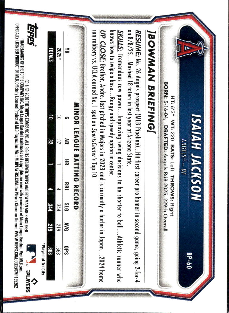 Isaiah Jackson 2026 Bowman 1st Blue /150 Los Angeles Angels