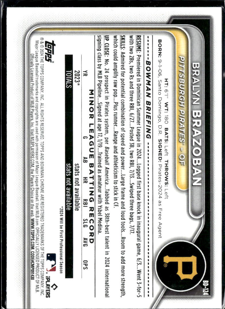 Bralyn Brazoban 2024 Bowman Blue /150 Pittsburgh Pirates