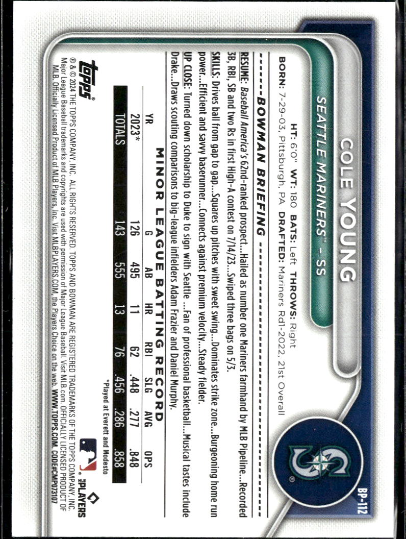 Cole Young 2024 Bowman Blue Paisley 62/125 Seattle Mariners