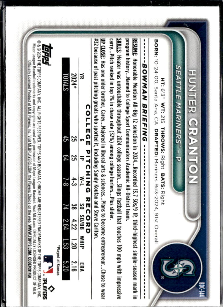 Hunter Cranton 2024 Bowman Chrome 1st Blue Refractor /150 Seattle Mariners