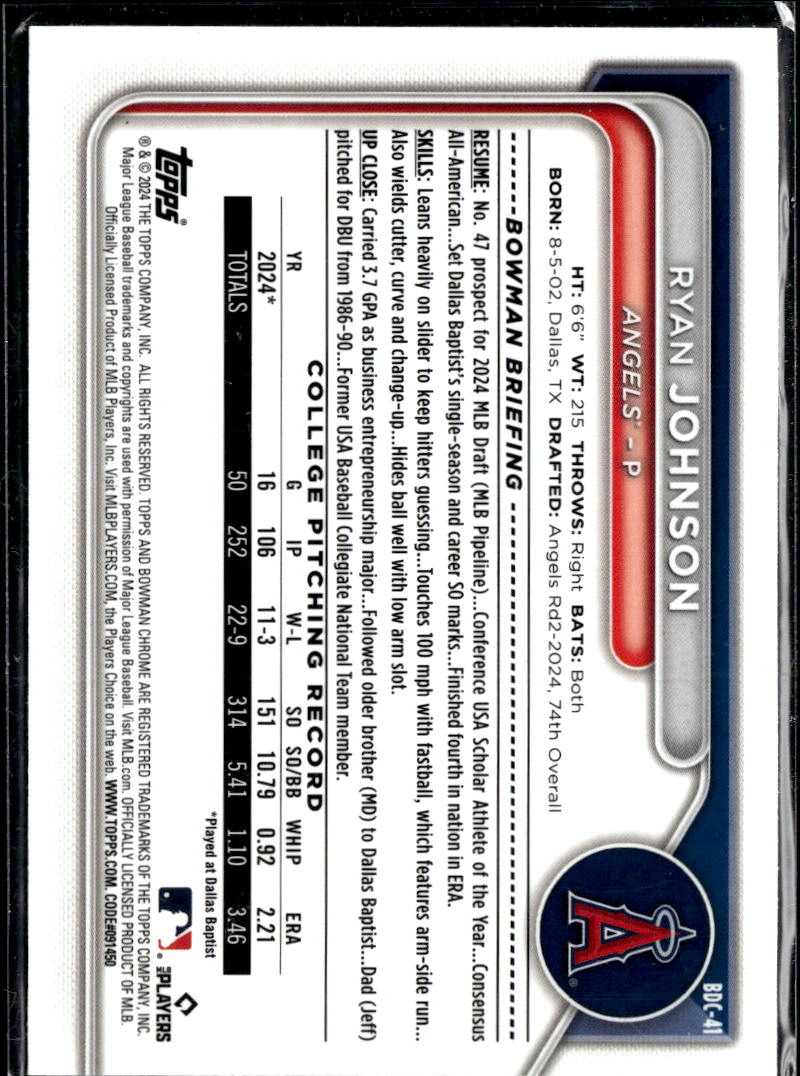 Ryan Johnson 2024 Bowman Chrome Blue Refractor /150 Los Angeles Angels