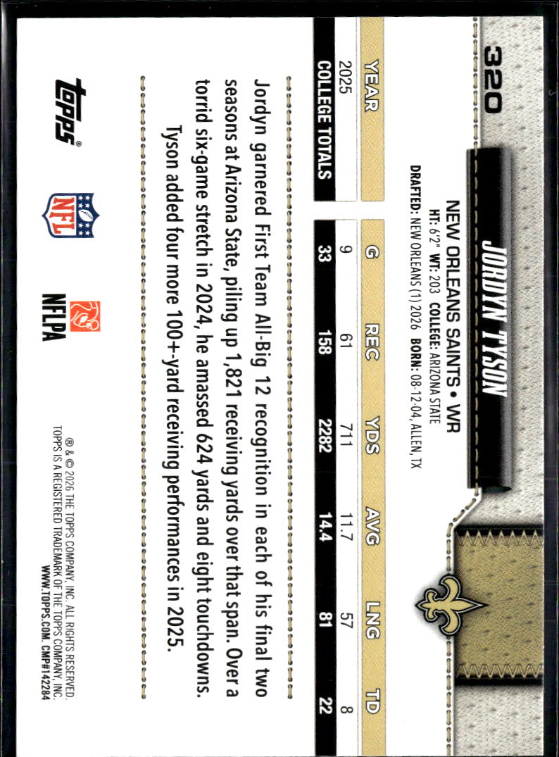 Jordyn Tyson 2026 Topps Ice Rookie RC New Orleans Saints