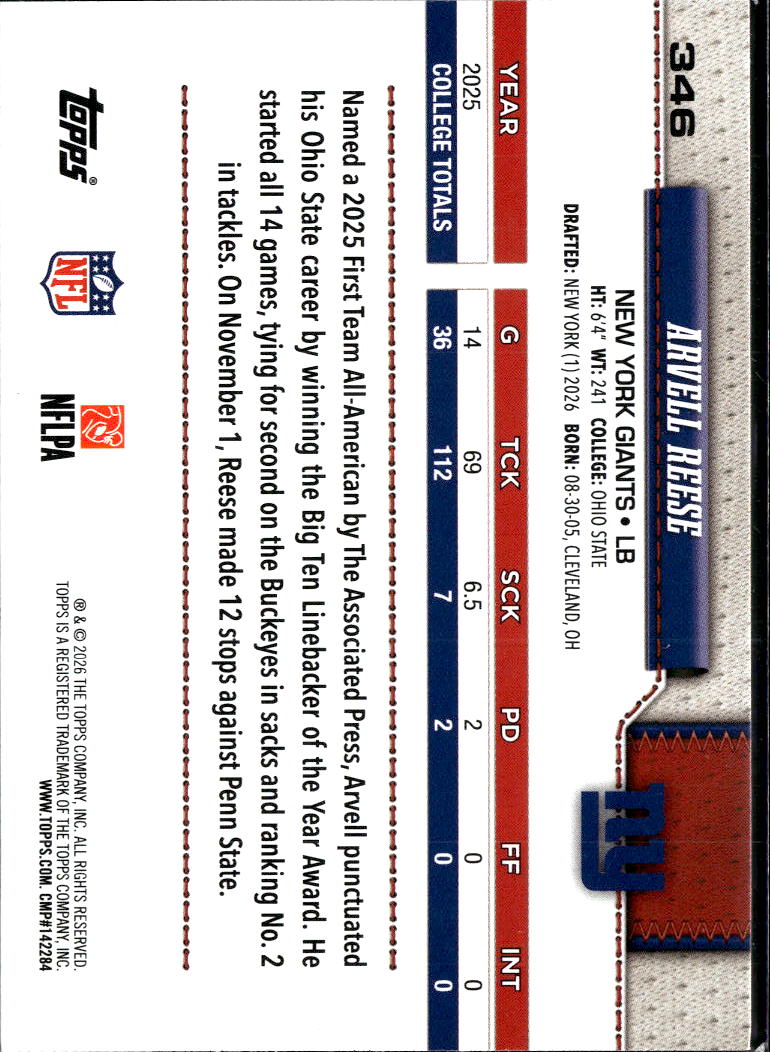 Arvell Reese 2026 Topps Blue White Rookie RC New York Giants
