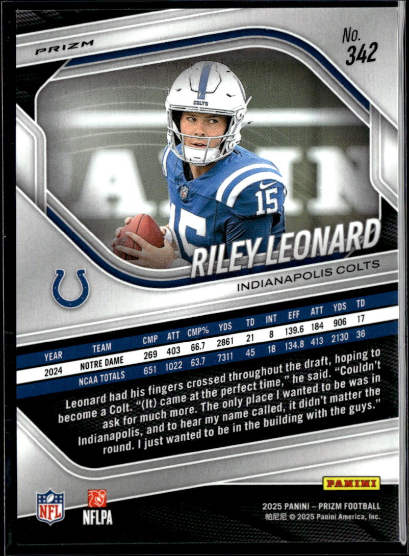 Riley Leonard 2025 Panini Prizm Red White Blue Rookie RC Indianapolis Colts